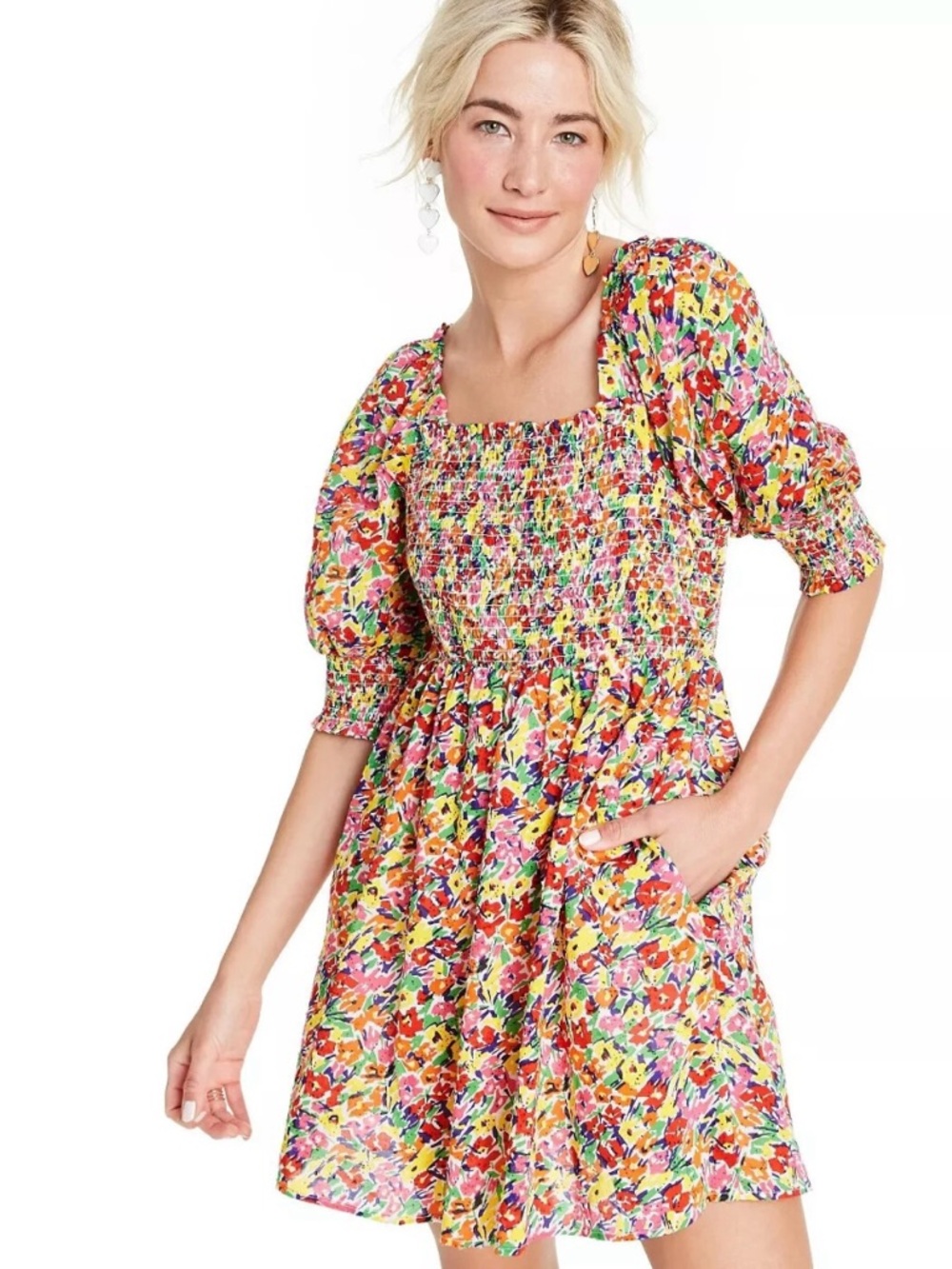 RIXO Multi-Color Smocked Floral Mini Dress